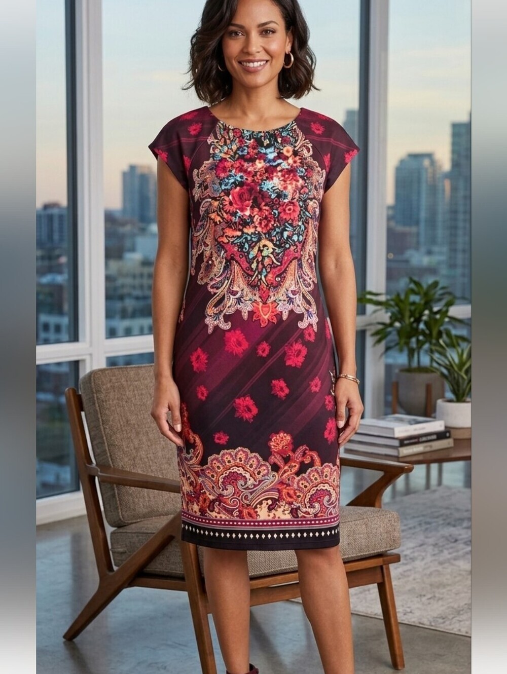 ECI New York Midi Paisley And Floral Dress Red Sz 12